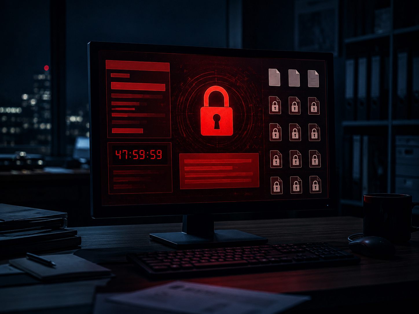 Écran d'ordinateur affichant un message de rançongiciel avec cadenas rouge et minuteur de décompte, bureau de nuit